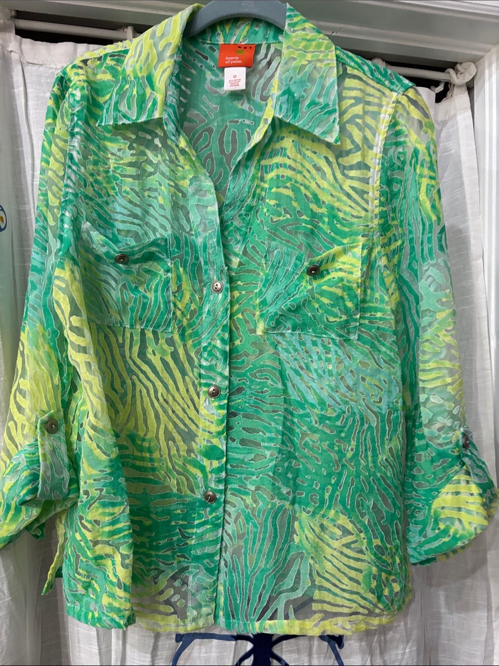 hearts of palm Green and Yellow Sheer Button-Down Shirt